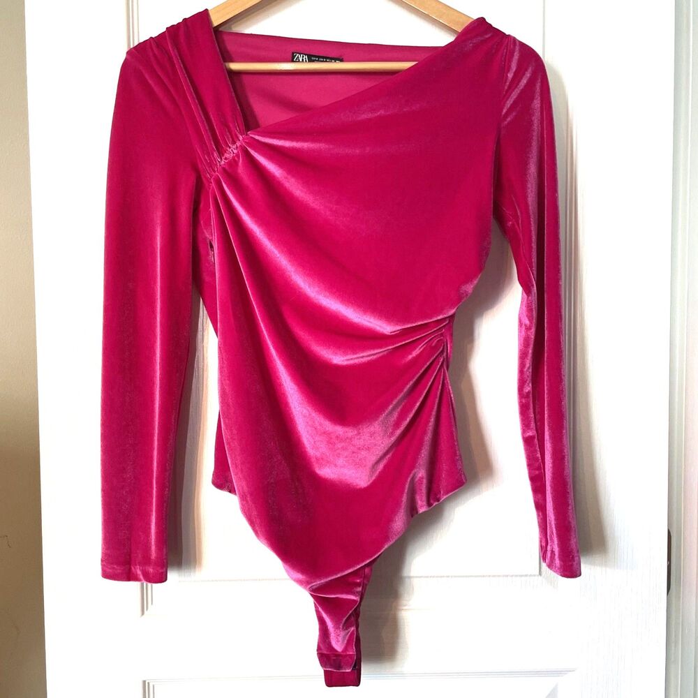 Zara Bodysuit Womens Small Pink Velvet Long Sleeve Draped Party Wear Top